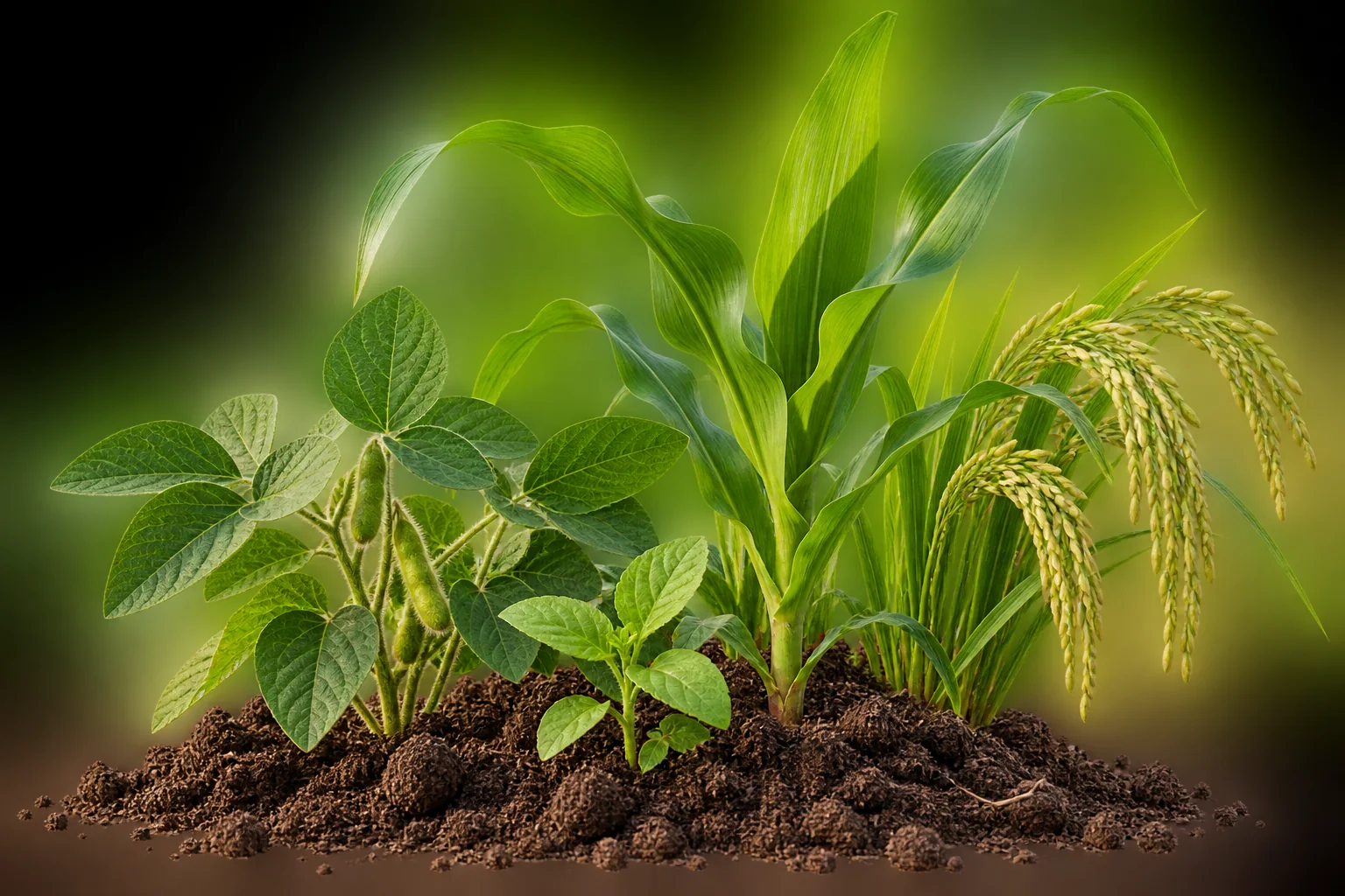 Healthy corn, rice and soybean crops growing in rich soil