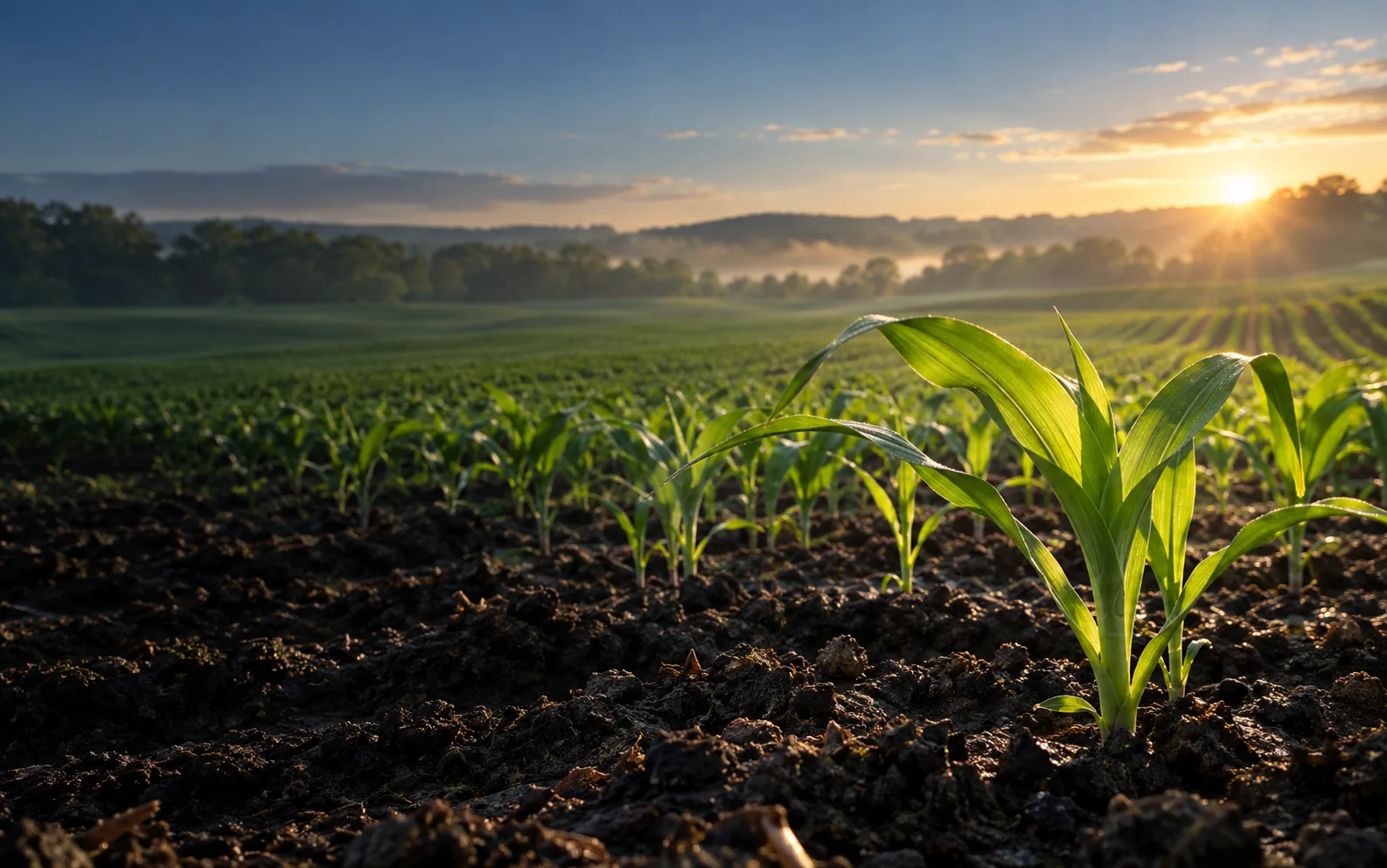 Healthy young crops growing across a cultivated field at sunrise