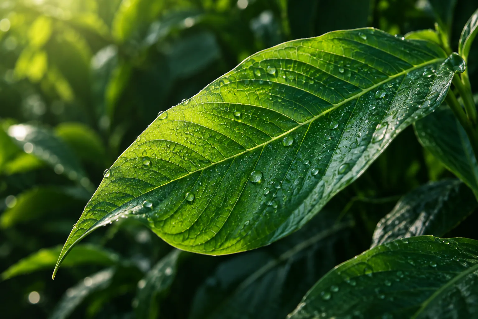 Healthy green crop leaf covered with morning dew