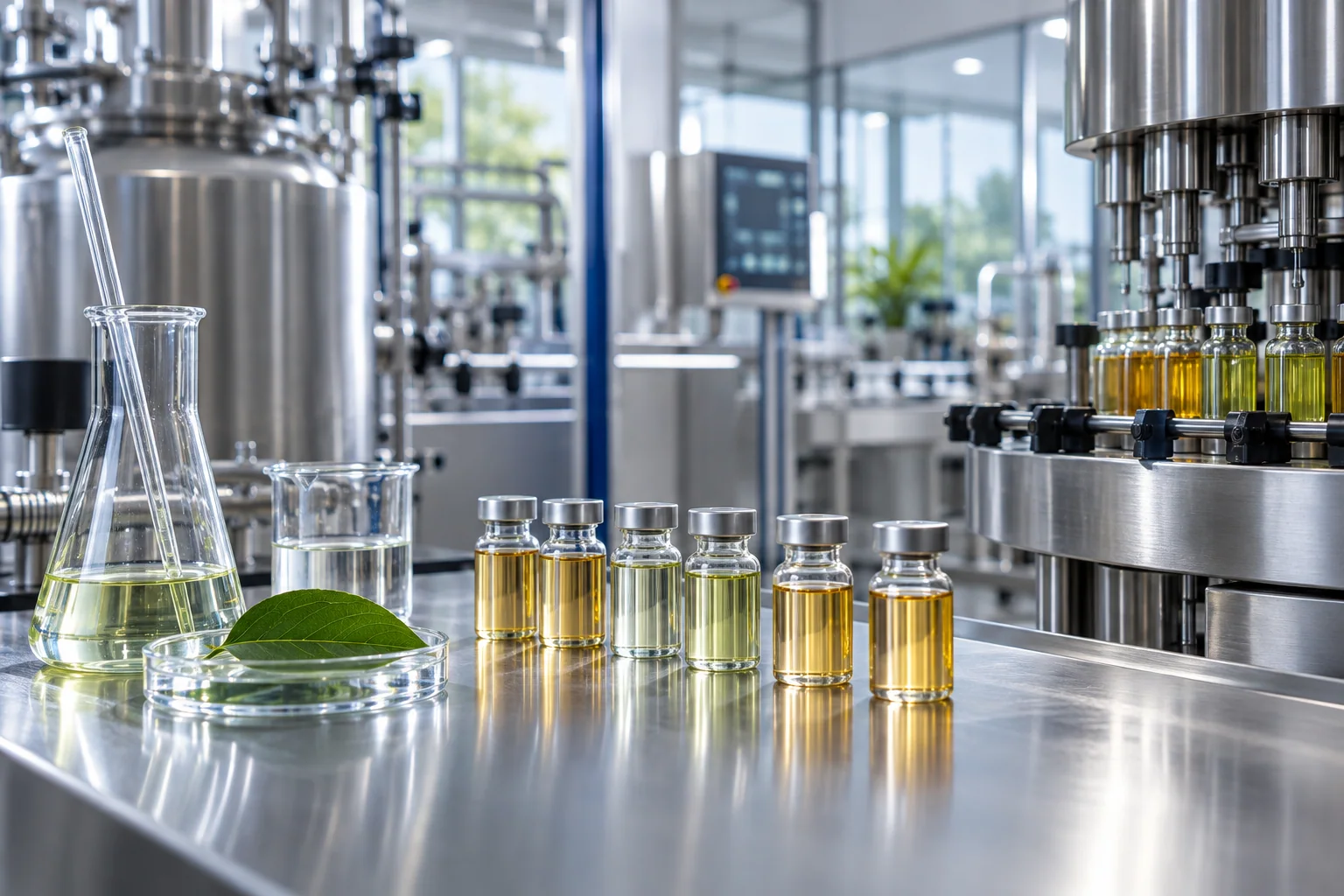 Modern agricultural formulation facility with precision filling equipment and quality-control samples